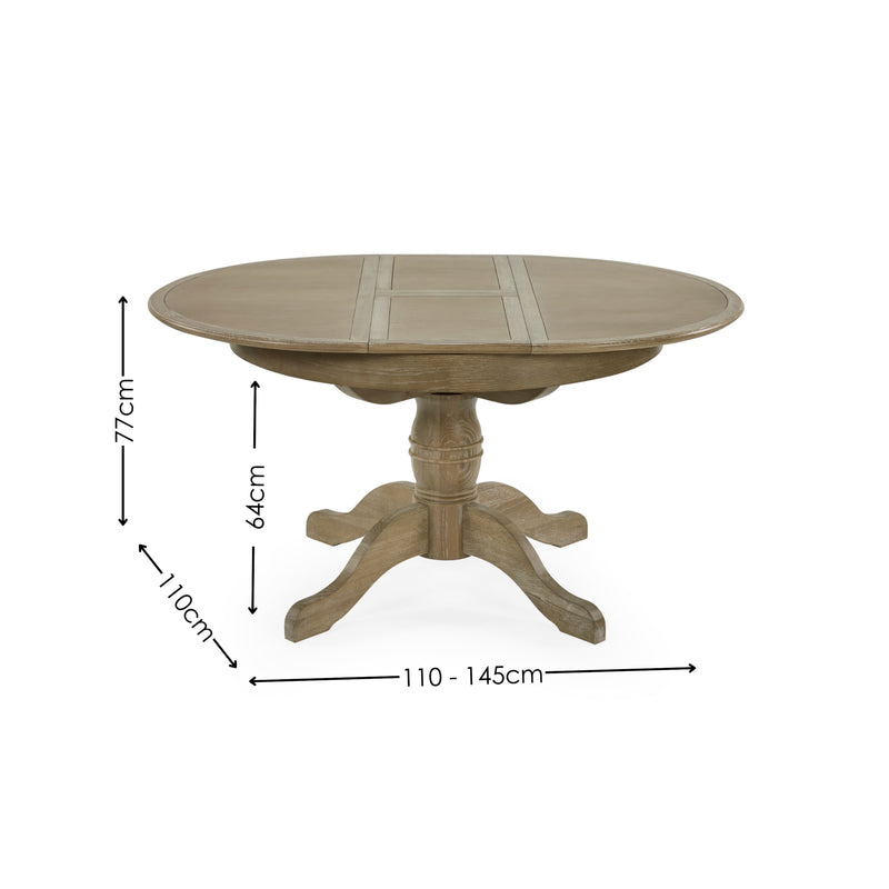 Round wooden table with dimensions indicated on a white background