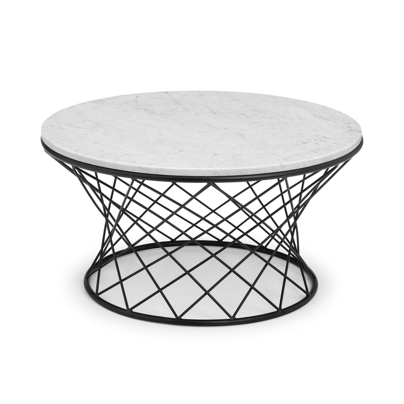 Round coffee table with marble top and black metal base on a white background