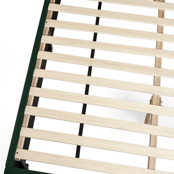 Wooden slatted bed frame on a white background