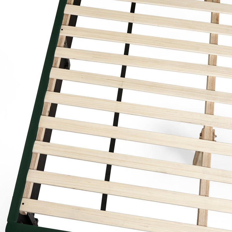 Wooden slatted bed frame on a white background
