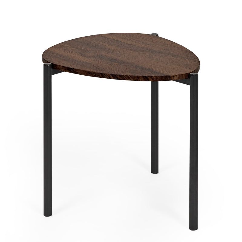 Round wooden table with black metal legs on a white background