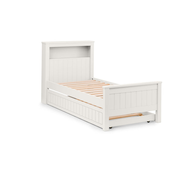 White wooden bed with a slatted design on a white background