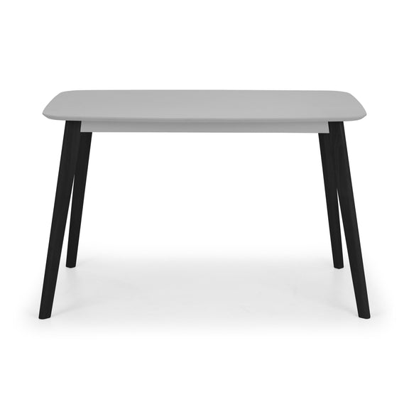 Rectangular table with a light gray top and black legs on a white background
