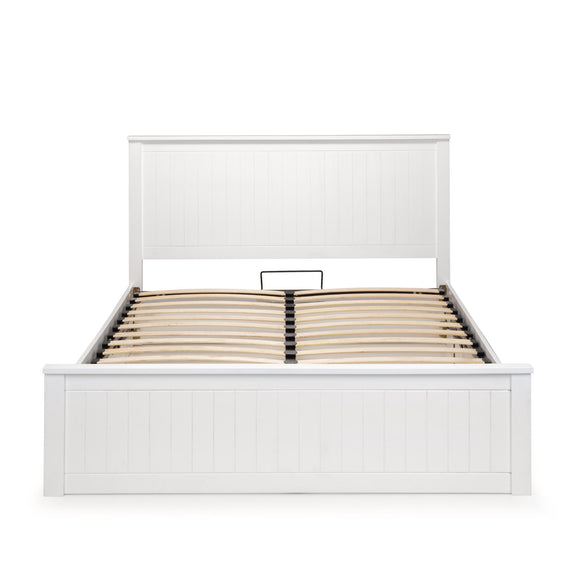 White bed frame with wooden slats on a white background