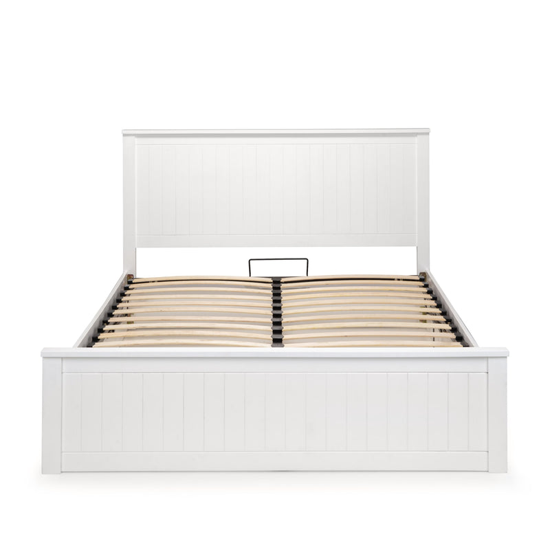 White bed frame with wooden slats on a white background