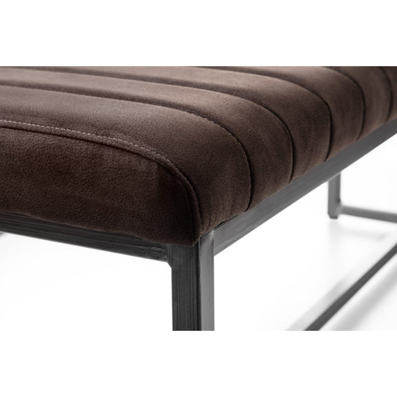 Brown cushioned bench with metal frame on a white background