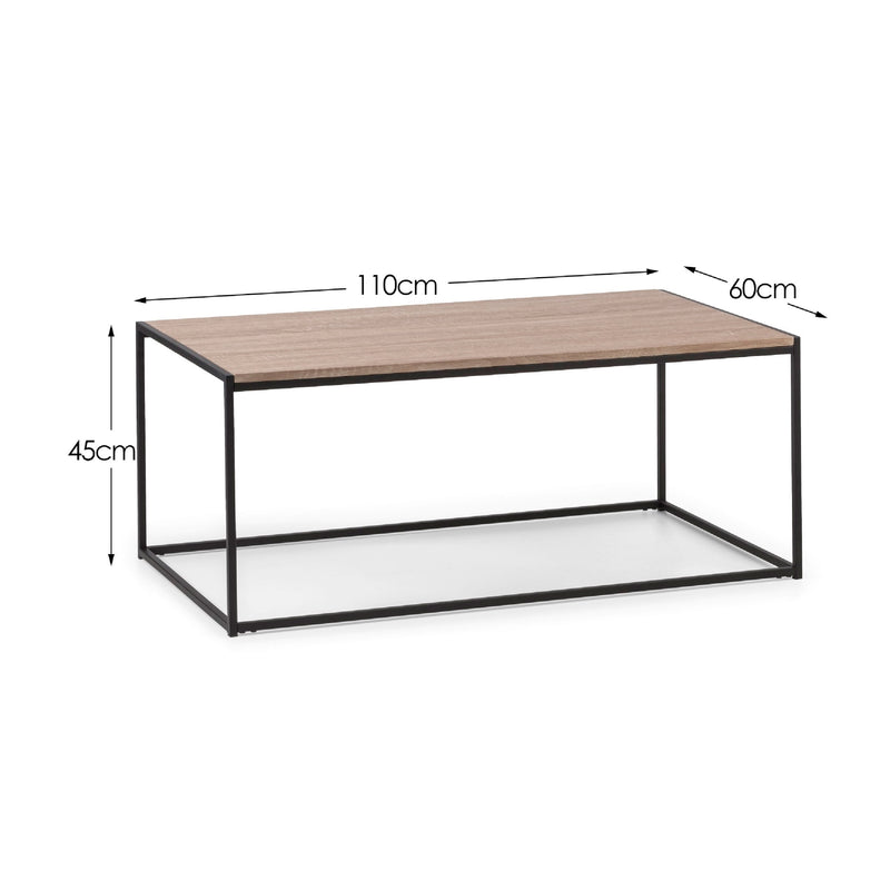 Coffee table with dimensions labeled on a white background