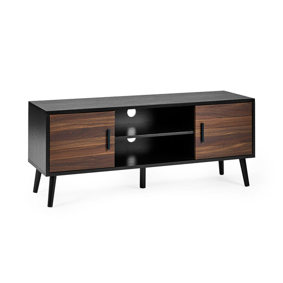 Wooden TV stand with black accents on a white background