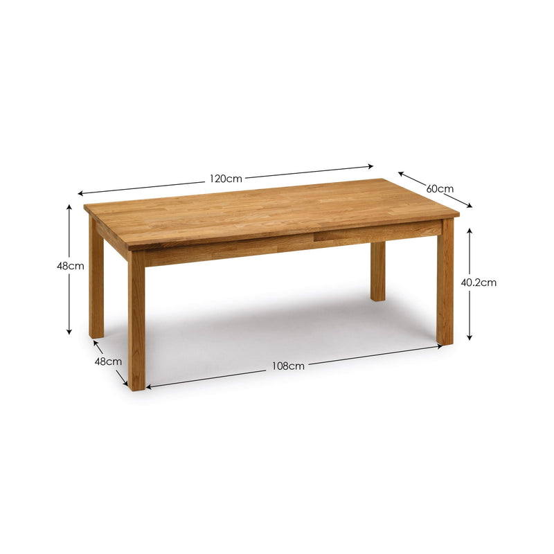 Wooden table with dimensions labeled on a white background
