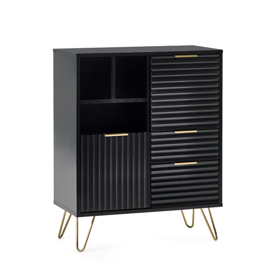 Black cabinet with gold legs on a white background