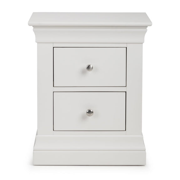 White nightstand with two drawers and silver knobs on a white background