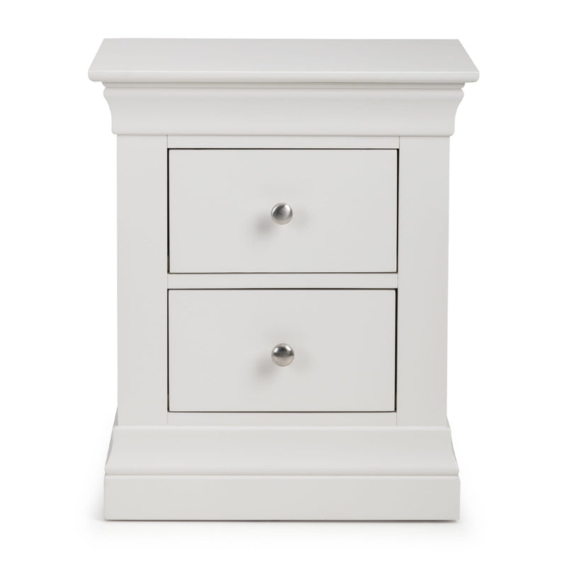 White nightstand with two drawers and silver knobs on a white background