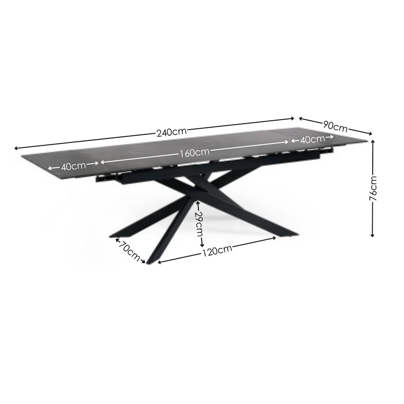 Black dining table with dimensions labeled on a white background
