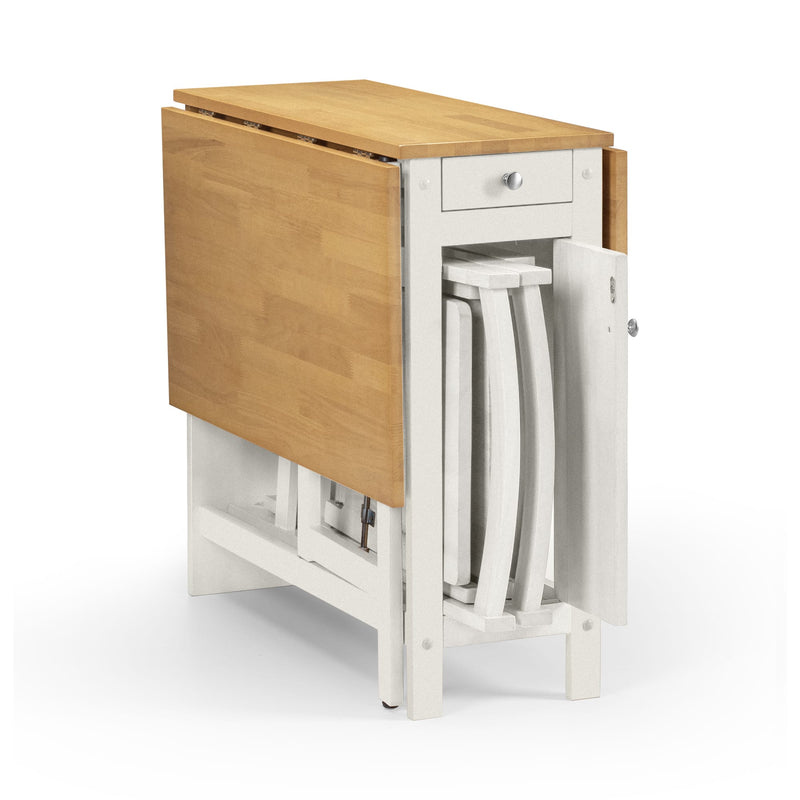 Wooden drop-leaf table with white base and cabinet on a white background