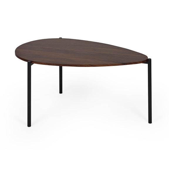 Round wooden table with black metal legs on a white background