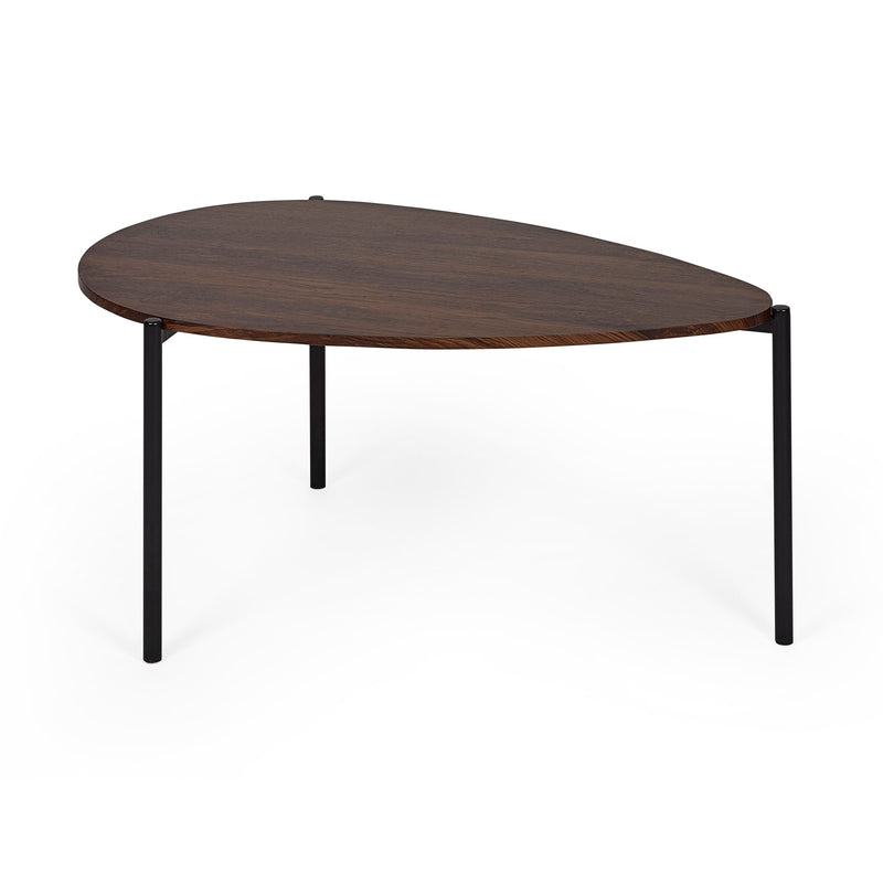 Round wooden table with black metal legs on a white background