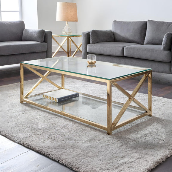 Living room with gray sofas and a gold coffee table