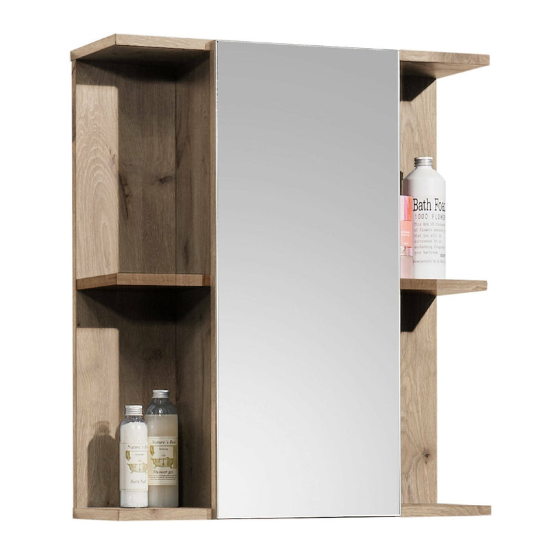 Bathroom cabinet with mirror and shelves containing toiletries