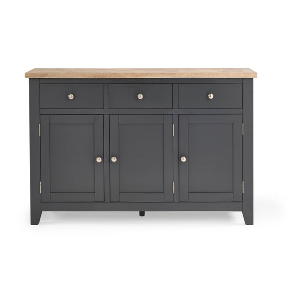 Dark gray sideboard with three doors and two drawers on a white background