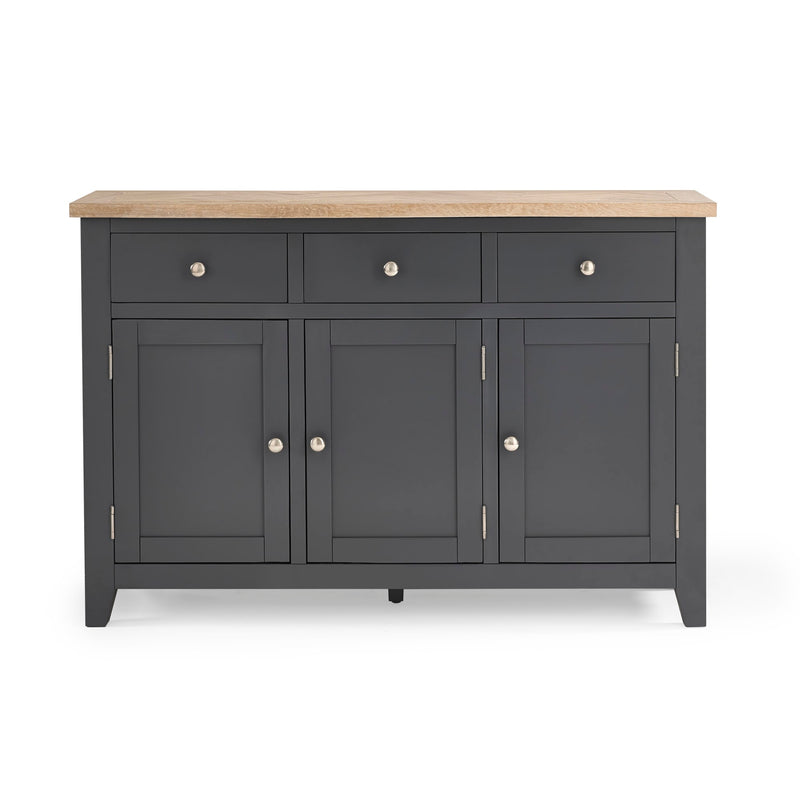 Dark gray sideboard with three doors and two drawers on a white background