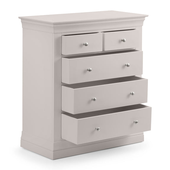 Gray dresser with five drawers on a white background