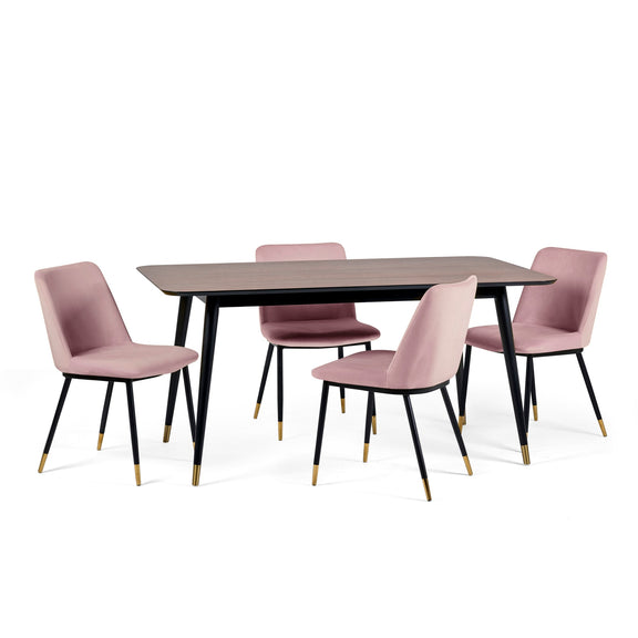 Dining table set with four pink chairs on a white background
