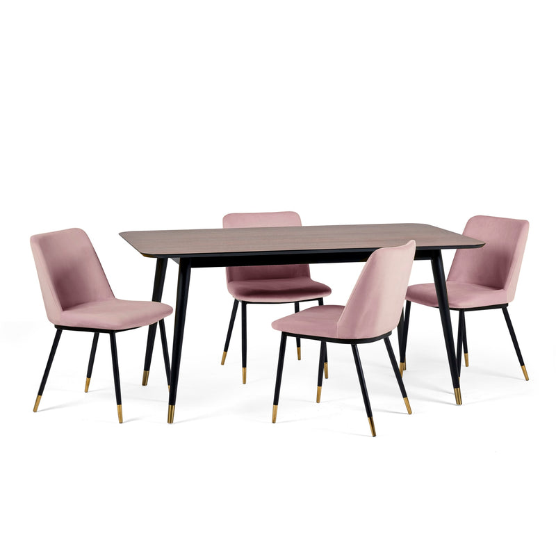 Dining table set with four pink chairs on a white background