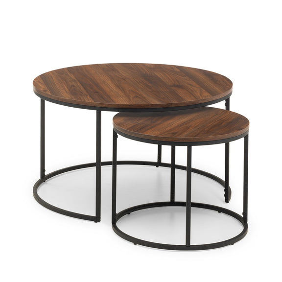 Set of two wooden nesting tables with black metal frames on a white background
