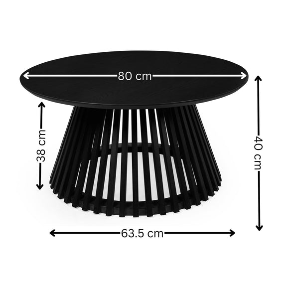 Black round table with dimensions labeled on a white background