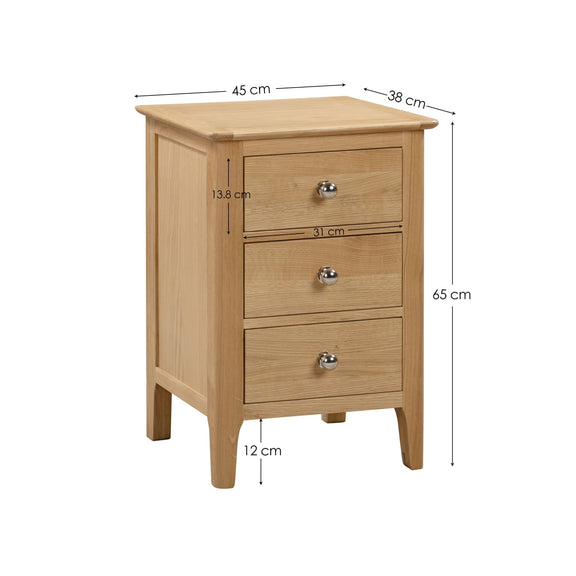 Wooden nightstand with dimensions on a white background