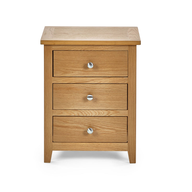 Wooden nightstand with three drawers on a white background