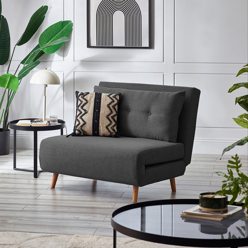 Gray sofa with decorative pillows in a modern living room setting.