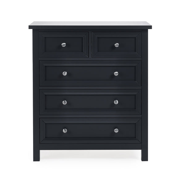 Black dresser with silver knobs on a white background