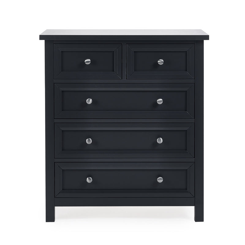 Black dresser with silver knobs on a white background