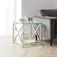 Glass side table with metal frame in a living room setting