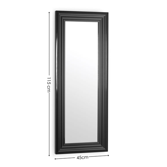 Black framed mirror with dimensions on a white background