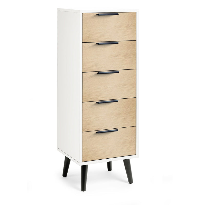 Tall white dresser with four drawers and black legs on a white background