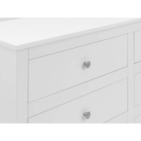 White wooden dresser with two drawers and silver knobs on a white background