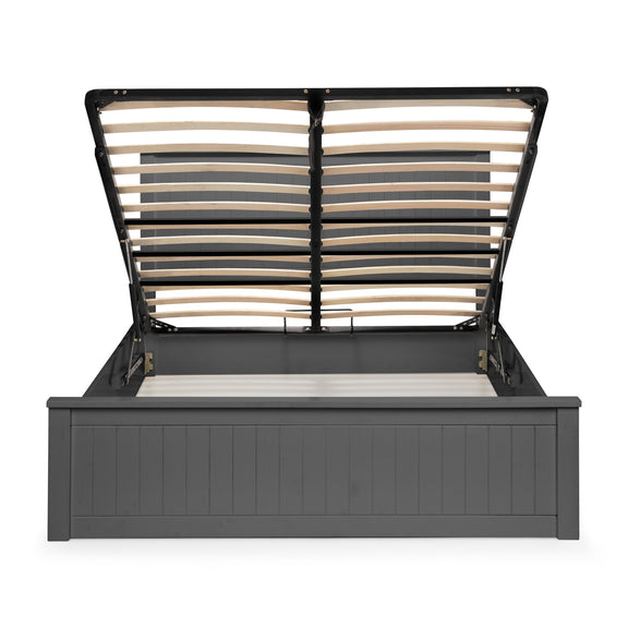 Gray bed frame with wooden slats on a white background