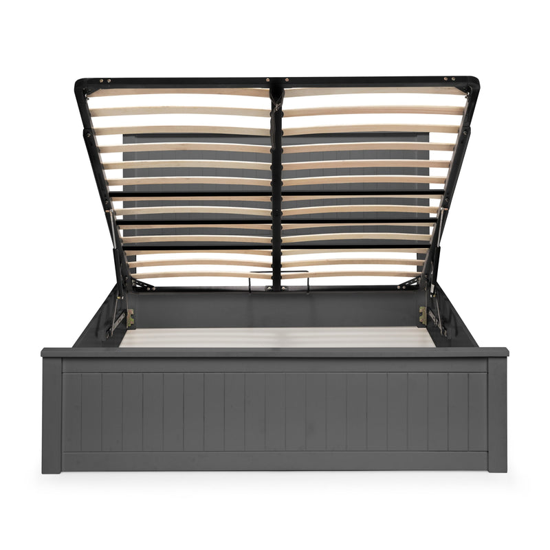 Gray bed frame with wooden slats on a white background