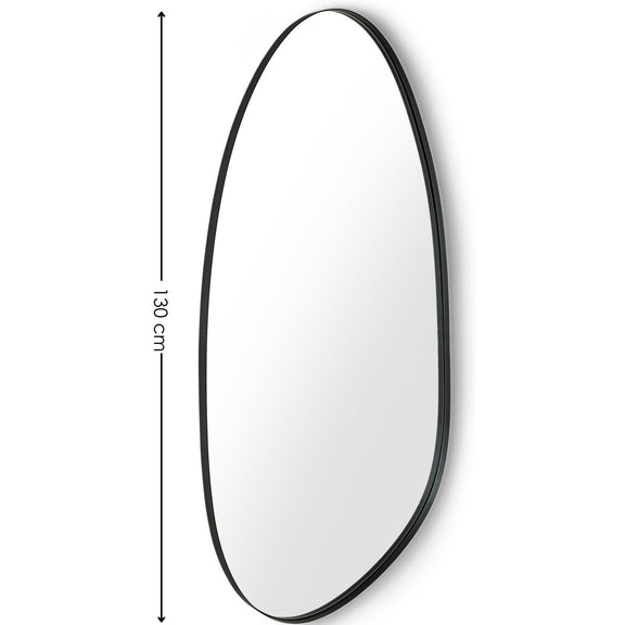 Round mirror with black frame and dimensions on a white background