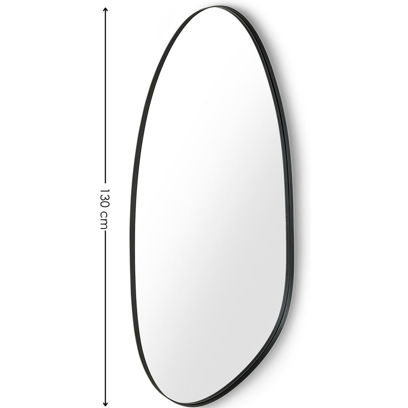 Round mirror with black frame and dimensions on a white background
