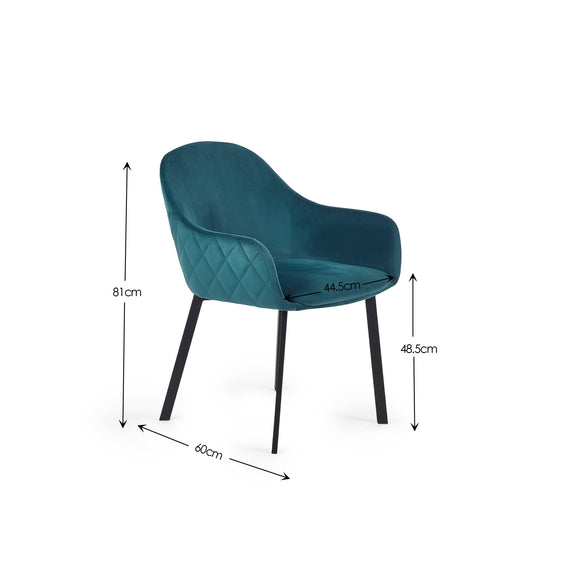 Teal chair with dimensions labeled on a white background