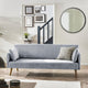 Gray sofa in a living room with a mirror and framed pictures on the wall.