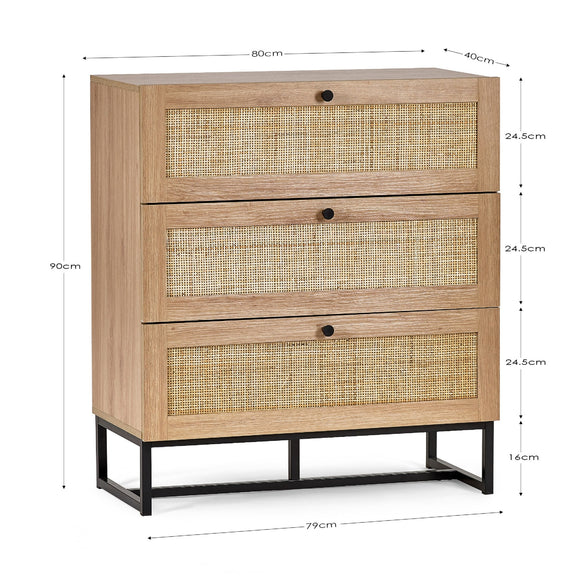 Wooden cabinet with rattan doors and dimensions on a white background