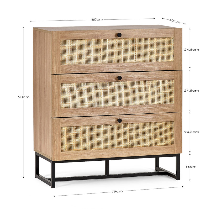 Wooden cabinet with rattan doors and dimensions on a white background