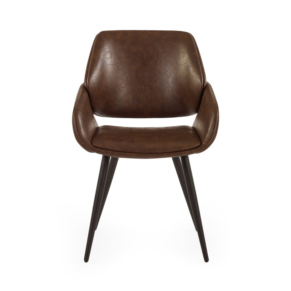Brown leather chair with black legs on a white background