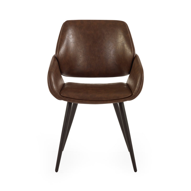 Brown leather chair with black legs on a white background