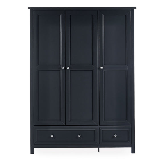 Black wardrobe with four doors and two drawers on a white background