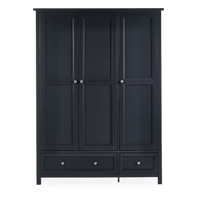 Black wardrobe with four doors and two drawers on a white background